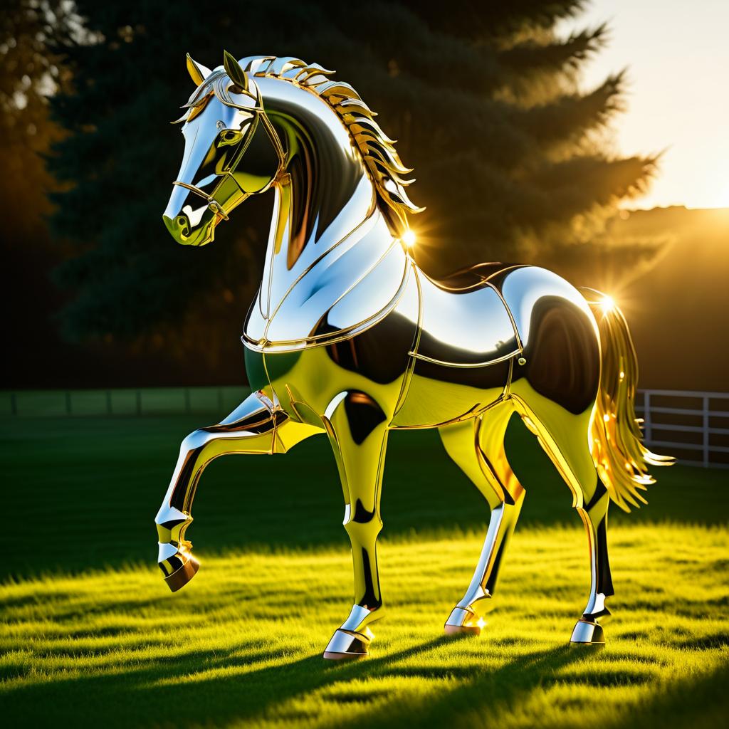 Hyperrealistic Metal Horse in Golden Light