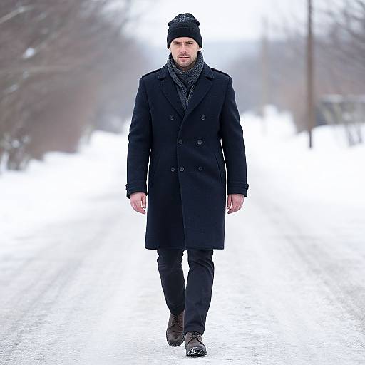 Photograph of a bearded man in a black coat, beanie, and scarf walking down a snow-covered path, with a blurred winter background.
