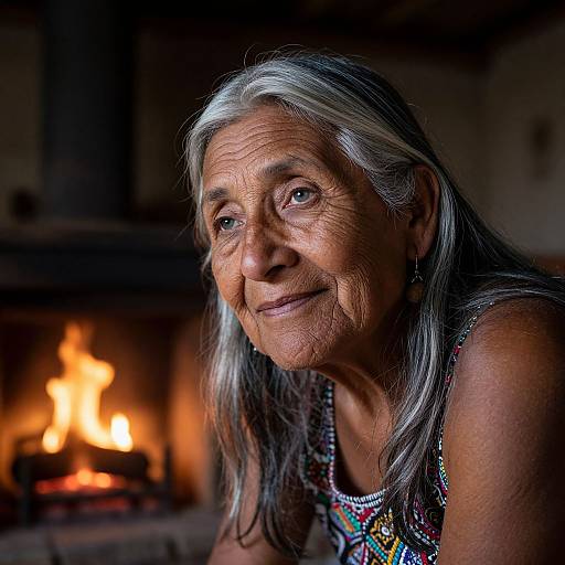 Photograph of an elderly Indigenous woman with long gray hair, wearing a colorful beaded top, seated by a warm, glowing fireplace.
