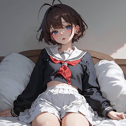 Anime-style digital drawing of a cute, blue-eyed girl with short black hair, wearing a navy sailor uniform with red necktie, white skirt, sitting