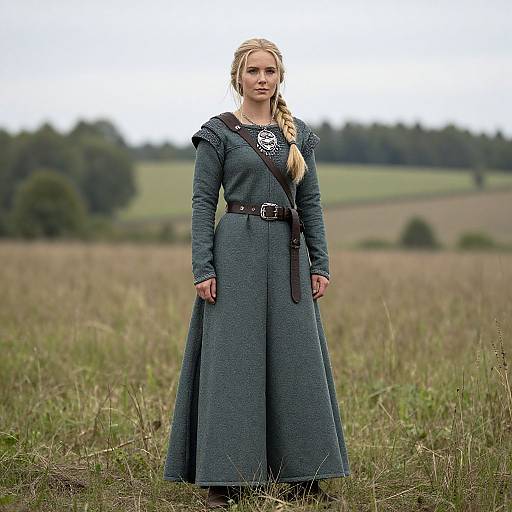 Photograph of a blonde woman with braided hair, wearing a long, dark blue, medieval-style dress, standing in a grassy field, with