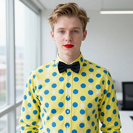 Photograph of a fair-skinned, red-lipped man with short, blonde hair wearing a yellow polka dot shirt, black bow tie, standing