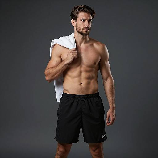 Fit Shirtless Man with Towel and Athletic Shorts