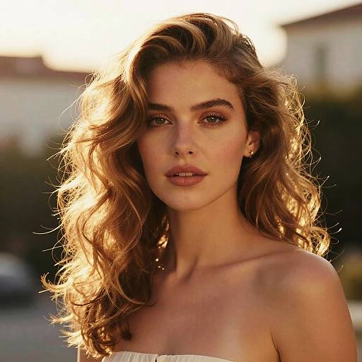 Photograph of a beautiful young woman with wavy, golden-brown hair illuminated by sunset light, wearing a strapless top, with a blurred outdoor