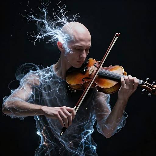 Photograph of a bald, muscle-toned man playing violin, surrounded by blue, ethereal lightning-like energy against a black background.