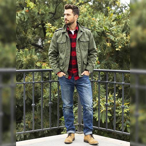 Photograph of a bearded man with short brown hair, wearing a green military jacket, red plaid shirt, blue jeans, and brown shoes,