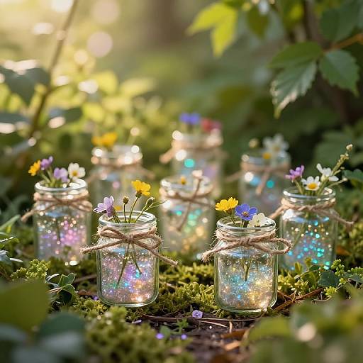 Photograph of glowing mason jars with tiny flowers and twine, scattered on mossy forest ground, bathed in sunlight and colorful fairy lights.