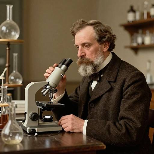 Photograph of a bearded, middle-aged white scientist with brown hair, wearing a black suit, intently examining a microscope in a laboratory.