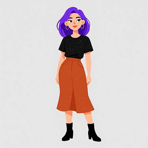 Digital illustration of a young woman with purple hair, wearing a black top, red high-waisted skirt, black ankle boots, and large hoop earrings