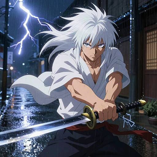 Anime White-Haired Swordsman in Rainy Night Duel