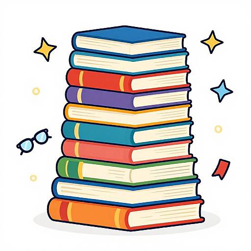 Colorful stack of seven books with vibrant covers, surrounded by sparkling stars and a pair of glasses, in a playful, digital cartoon style.