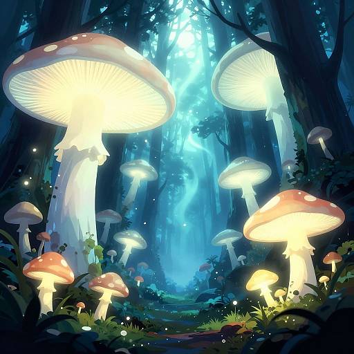 Digital fantasy art of a glowing forest with large, luminescent mushrooms, illuminated by ethereal blue light, surrounded by lush greenery and tiny fire
