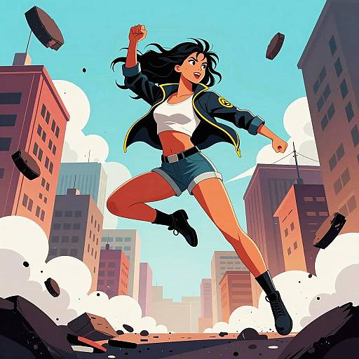Vibrant Comic Heroine Leaping Through Ruins