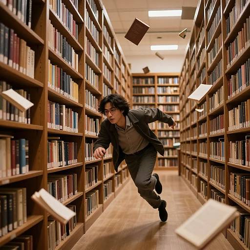 Photograph of a young man with dark hair and black clothing, running through a narrow, brightly-lit library aisle with books flying around him.