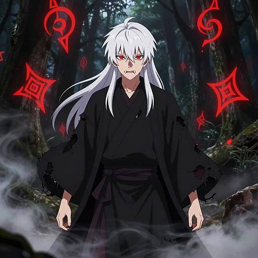 Anime-style digital artwork of a white-haired, red-eyed male in a black kimono, surrounded by glowing red magical symbols in a misty forest.