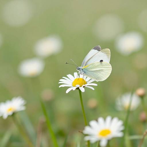 Photograph of a small white butterfly with black spots, perched on a white daisy with a yellow center, surrounded by blurred daisies in