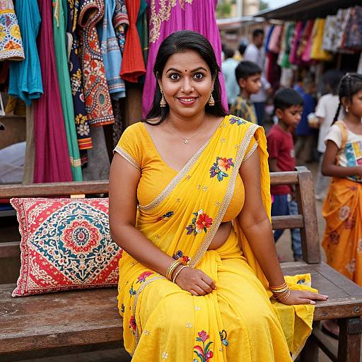 Photograph of a smiling Indian woman with dark skin, wearing a bright yellow saree with floral embroidery, seated on a wooden bench in a bustling market