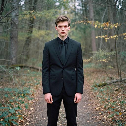 Young Man in Black Suit with Red Eyes in Forest