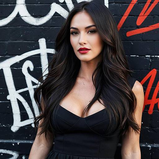 Glamorous woman with long hair by graffiti wall