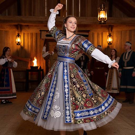 Photograph of a young woman in an ornate, colorful, medieval-style dress, dancing in a wooden, warmly lit hall with lanterns.