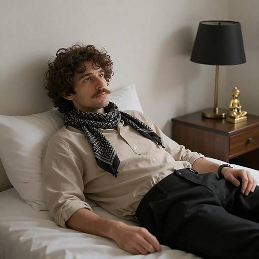Man Relaxing on Bed in Neutral Room