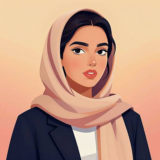 Digital illustration of a woman with fair skin, dark hair, red lipstick, wearing a pink hijab, black blazer, and white shirt, against