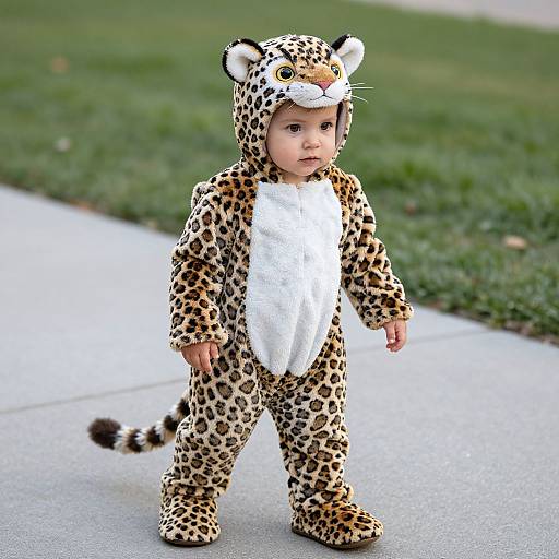 Photograph of a cute, fair-skinned baby in a leopard-print onesie with a white chest, standing on a concrete sidewalk.
