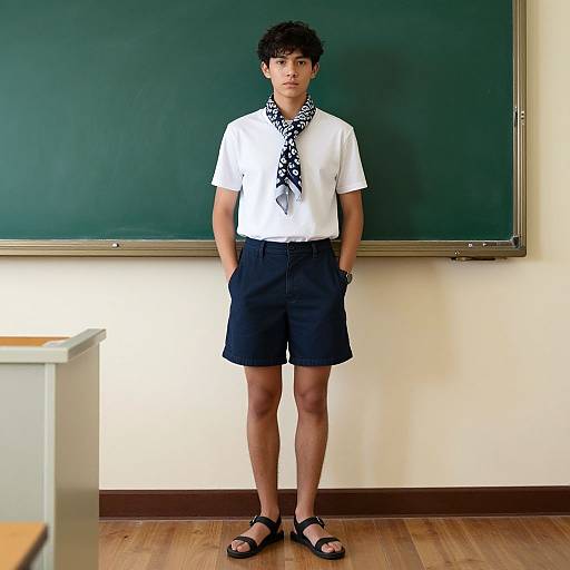 Photograph of a young boy with curly black hair, wearing a white t-shirt, black shorts, patterned scarf, and sandals, standing in front
