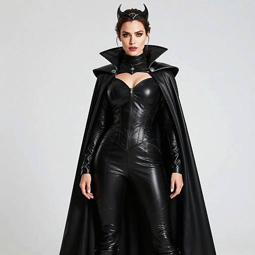 Photograph of a stern-looking woman in a black, shiny leather catsuit and cape with high collar, black bat-eared headpiece, and red