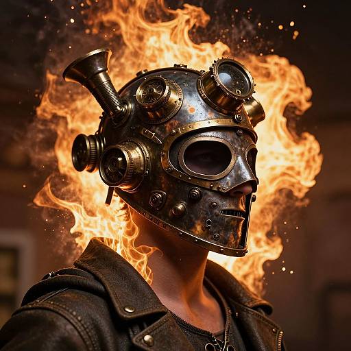 Photograph of a person with a metallic steampunk helmet engulfed in bright orange flames, wearing a dark leather jacket, against a blurred, dim
