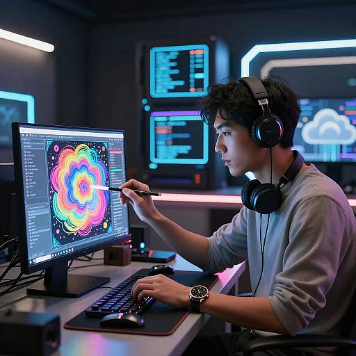 Futuristic AI Artist in Neon Studio