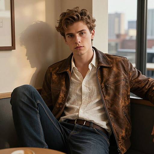 Photograph of a young man with curly brown hair, wearing a brown leather jacket, white shirt, and blue jeans, sitting by a window, casting
