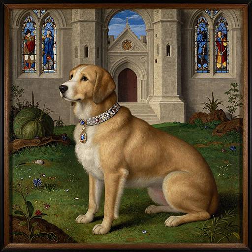 Digital painting of a golden Labrador retriever wearing a jeweled collar, sitting on grass in front of a Gothic-style church with colorful stained glass windows.