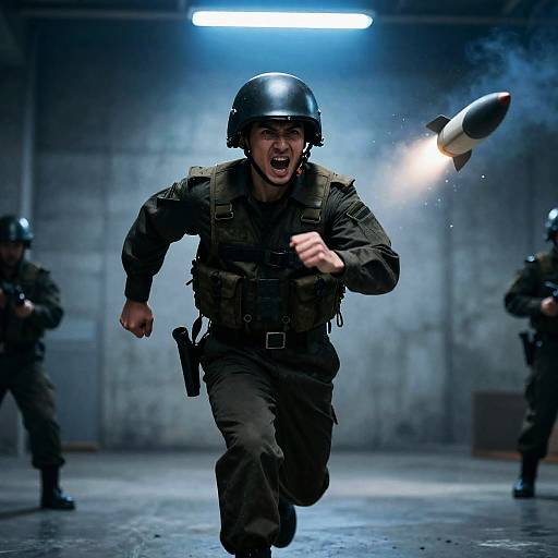 Military Man Running with Missile In Flight