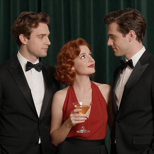 Three People in Formal Attire at Cocktail Event