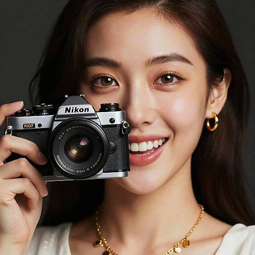 Photograph of a smiling Asian woman with long dark hair, wearing gold hoop earrings and necklace, holding a Nikon camera in front of her face. Dark