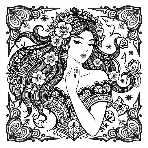 Mucha-Style Woman with Floral Adornments