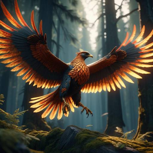Majestic Phoenix Soaring through Enchanted Woods Majestic Phoenix Soaring through Enchanted Woods