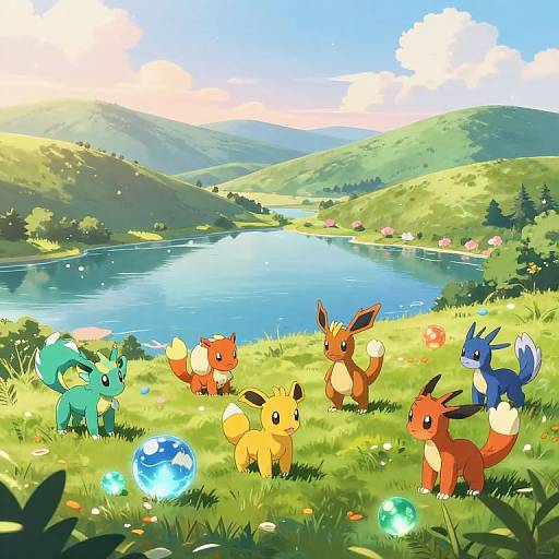 Digital art of six Eevee evolutions (Vaporeon, Jolteon, Flareon, Eevee, Espeon,