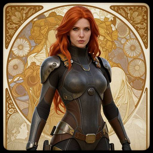 Digital artwork of a fierce red-haired woman in black, armored, form-fitting suit with silver shoulder plates, standing against a golden, floral, Art