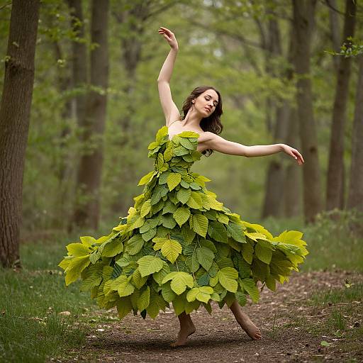 Photograph of a woman in a green leaf dress, dancing in a forest, with outstretched arms and a flowing skirt.