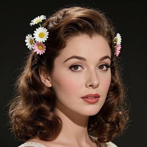 Photograph of a fair-skinned woman with vintage-style brown curly hair, wearing white and pink daisy flowers in her hair, against a black background