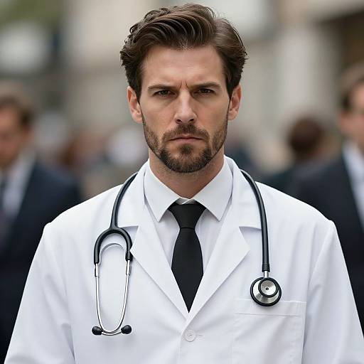 Photograph of a serious, bearded Caucasian man with dark hair, wearing a white doctor's coat, black tie, and stethoscope, standing