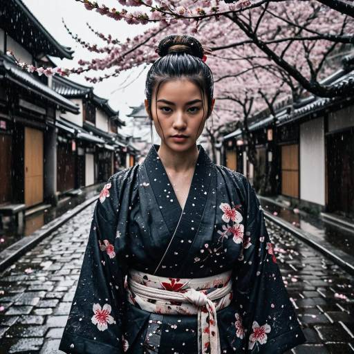 Stoic Ronin in Kimono on Rainy Cherry Blossom Street