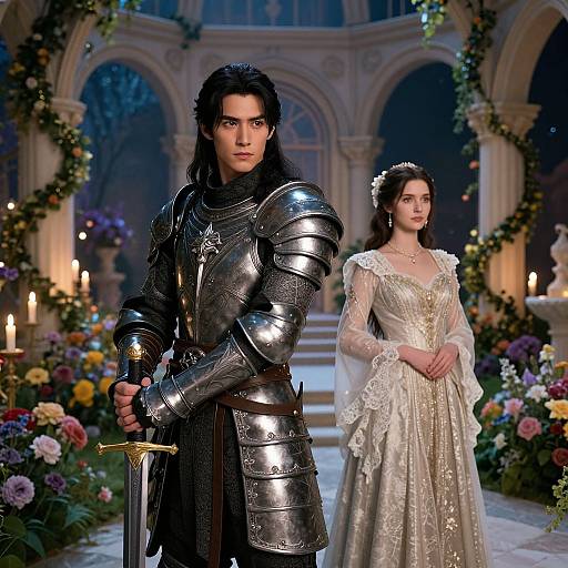 Photograph of a handsome, dark-haired man in shiny medieval armor standing beside a beautiful woman in an elegant, white, lace gown in a grand,
