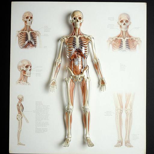 Detailed anatomical illustration of a human skeleton in full frontal and various partial views, highlighting bone structure and muscles.