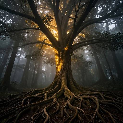 Photograph of a massive tree with intricate roots, sunlight piercing through dense fog in a dark, misty forest.