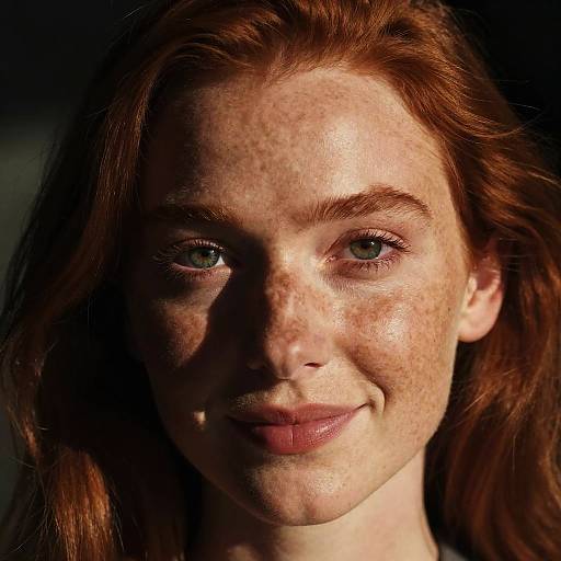 Photograph of a freckled, fair-skinned red-haired woman with green eyes, subtle smile, and soft lighting, highlighting her natural beauty against