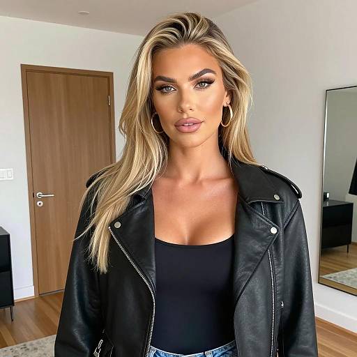 Blonde Woman in Black Leather Jacket Indoors