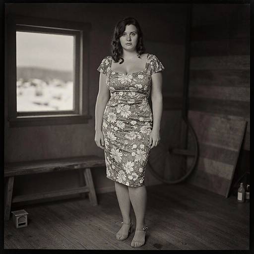 Photograph of a plus-sized woman with wavy dark hair in a floral, off-shoulder, knee-length dress, standing indoors by a window